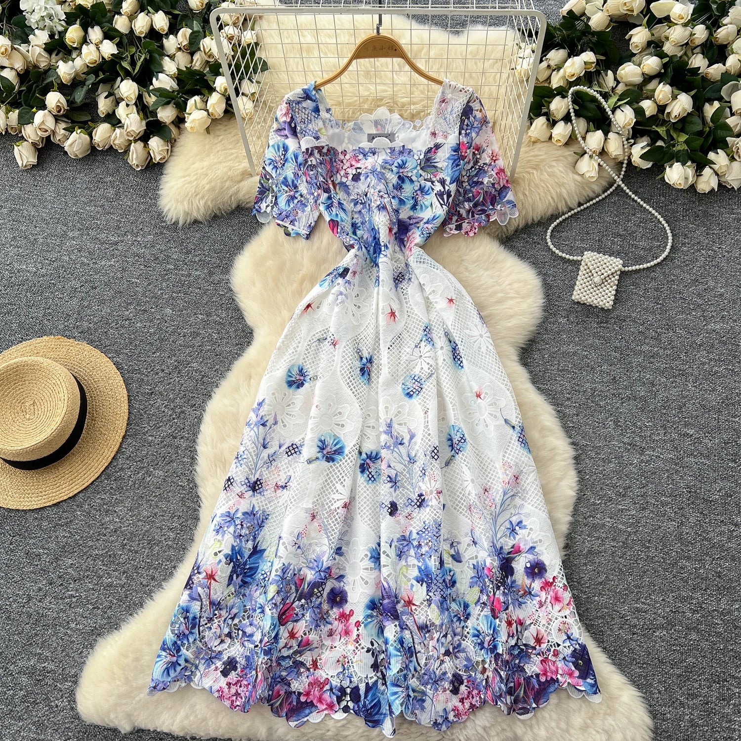 Hook flower hollow lace pleated Elegant Bodycon Dress Slim Party Club Vintage Dress Korean Fashion Women Clothes PURPLE