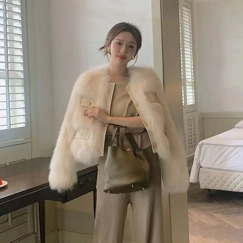 Fashion Faux Fur Jacket Women Fall Winter Warm Thick O-neck Button Solid Outwear Fashion High Street Imitation Fox Fur Lady Coat
