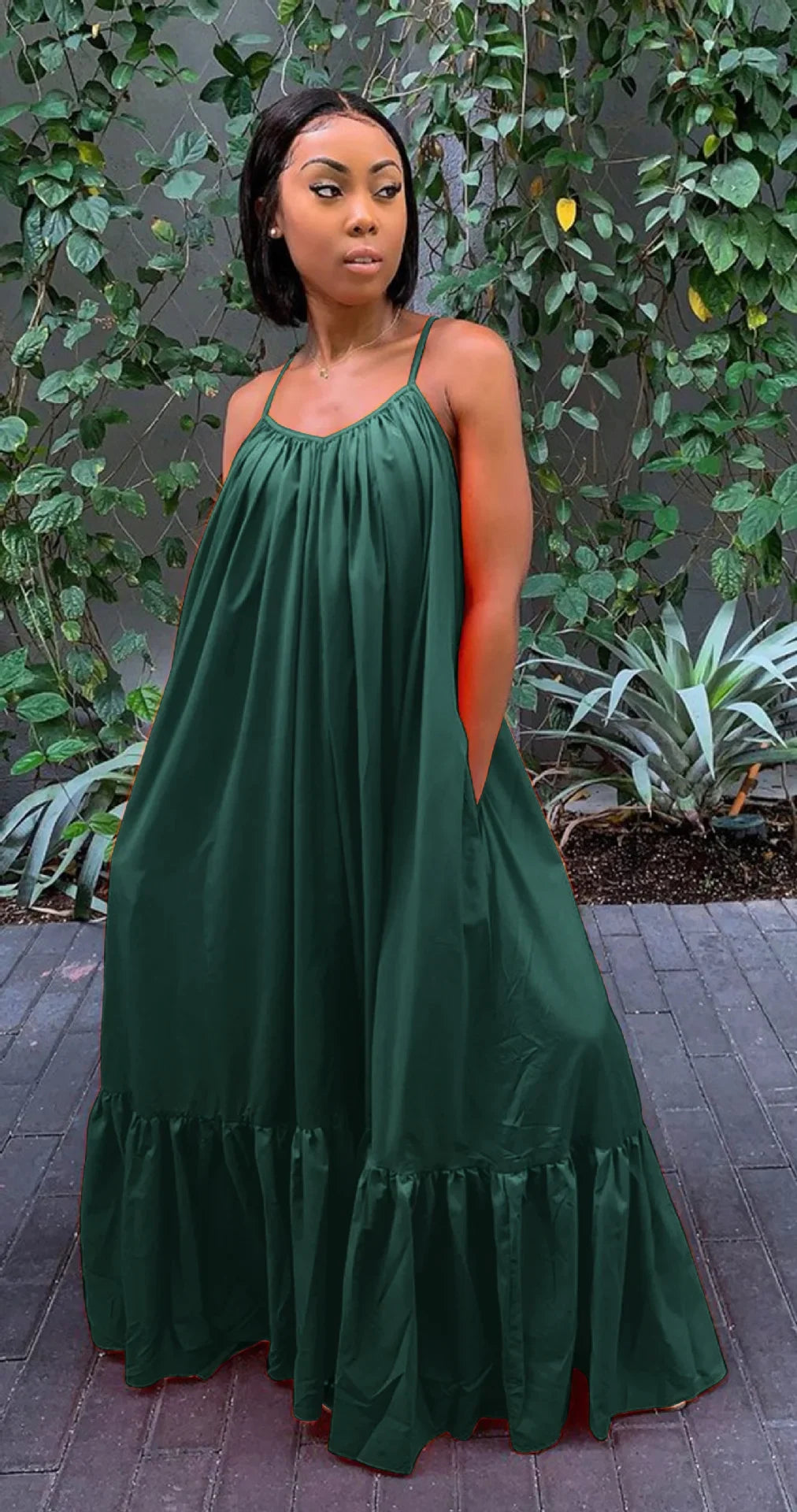 CMYAYA Women Summer Long Maxi Dress Sexy Sleeveless Strap Loose Beach Party Night Club Bandage Female S-5XL Dresses Vestido Dark Green