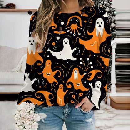 Women's Autumn Halloween Long Sleeved Round Neck Printed Lightweight Pullover Hoodless Sweatshirt Crop Fleece Sweater Womens