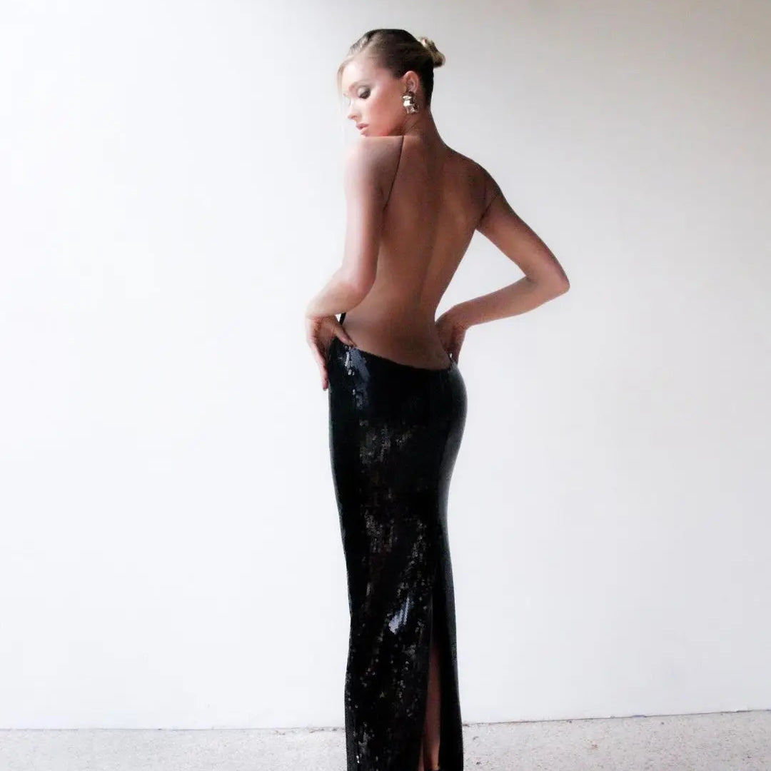 STOCK Black Sequins Sexy Holllow Out Backless Halter Bodycon Long Dress Celebrity Birthday Party Dress Club Party Outfit