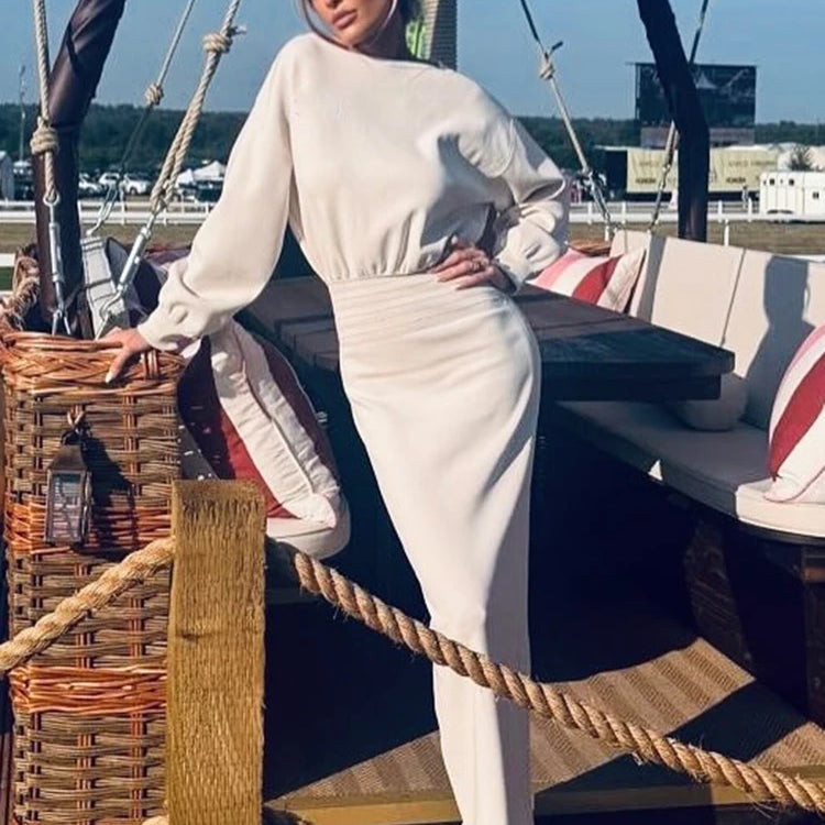 Elegant Soft Crewneck White Long Sleeveless Midi Dress for Office-Ready Chic Gown