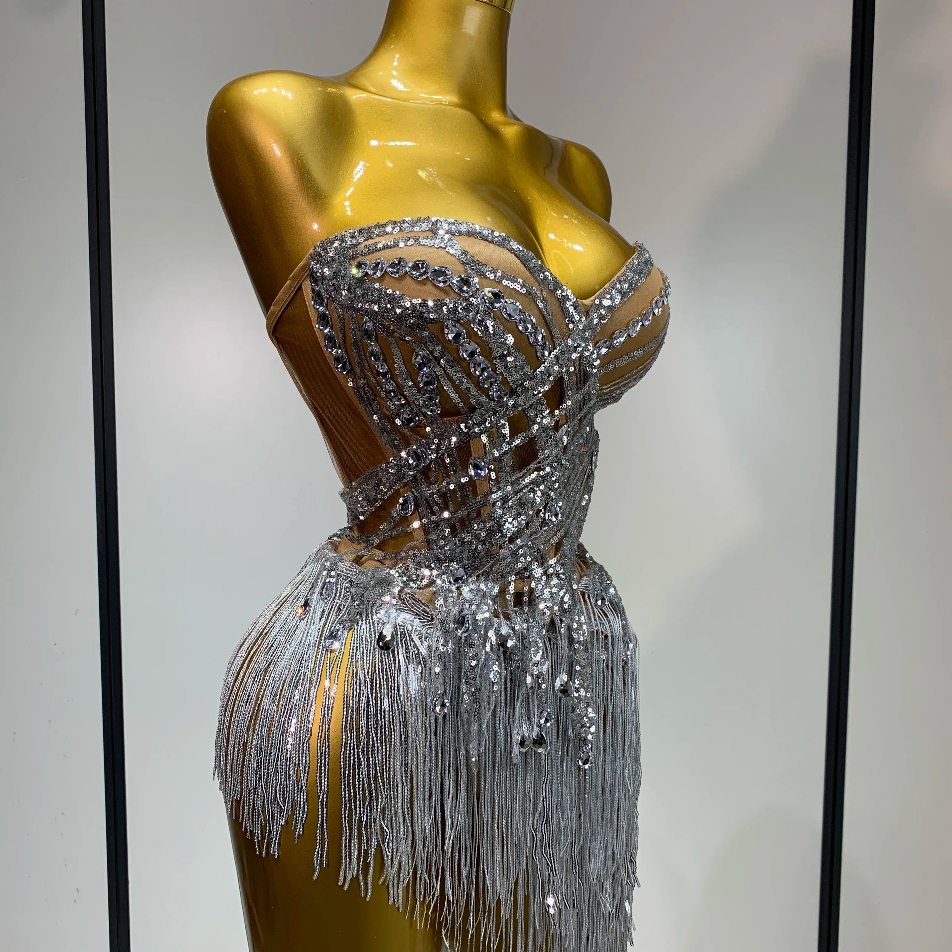 Women Sexy Singer Dancer Performan Costume Nightclub Bar Girl Sparkly Diamond Tassel Two Piece Set Evening Party Outfit