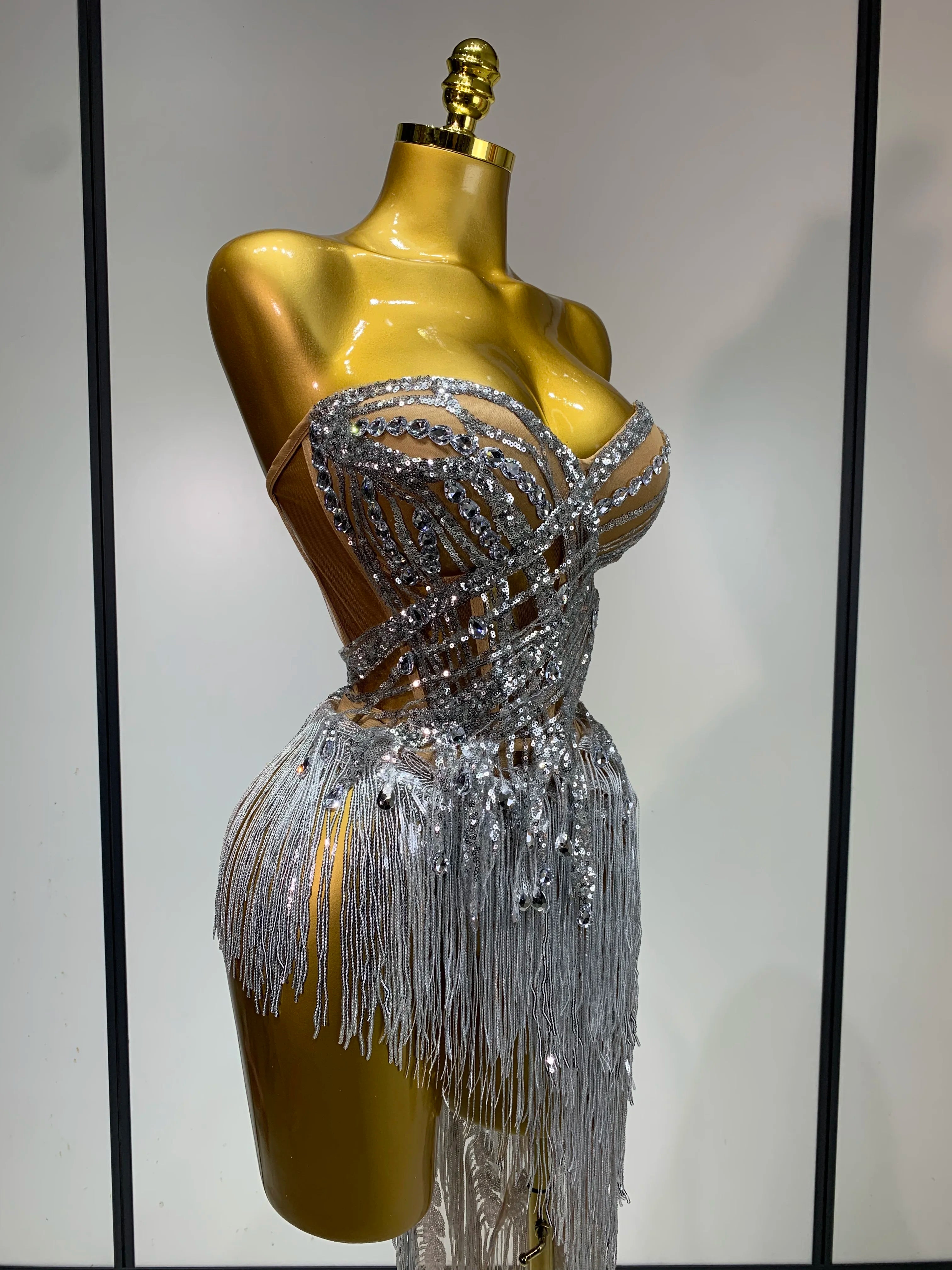 Women Sexy Singer Dancer Performan Costume Nightclub Bar Girl Sparkly Diamond Tassel Two Piece Set Evening Party Outfit