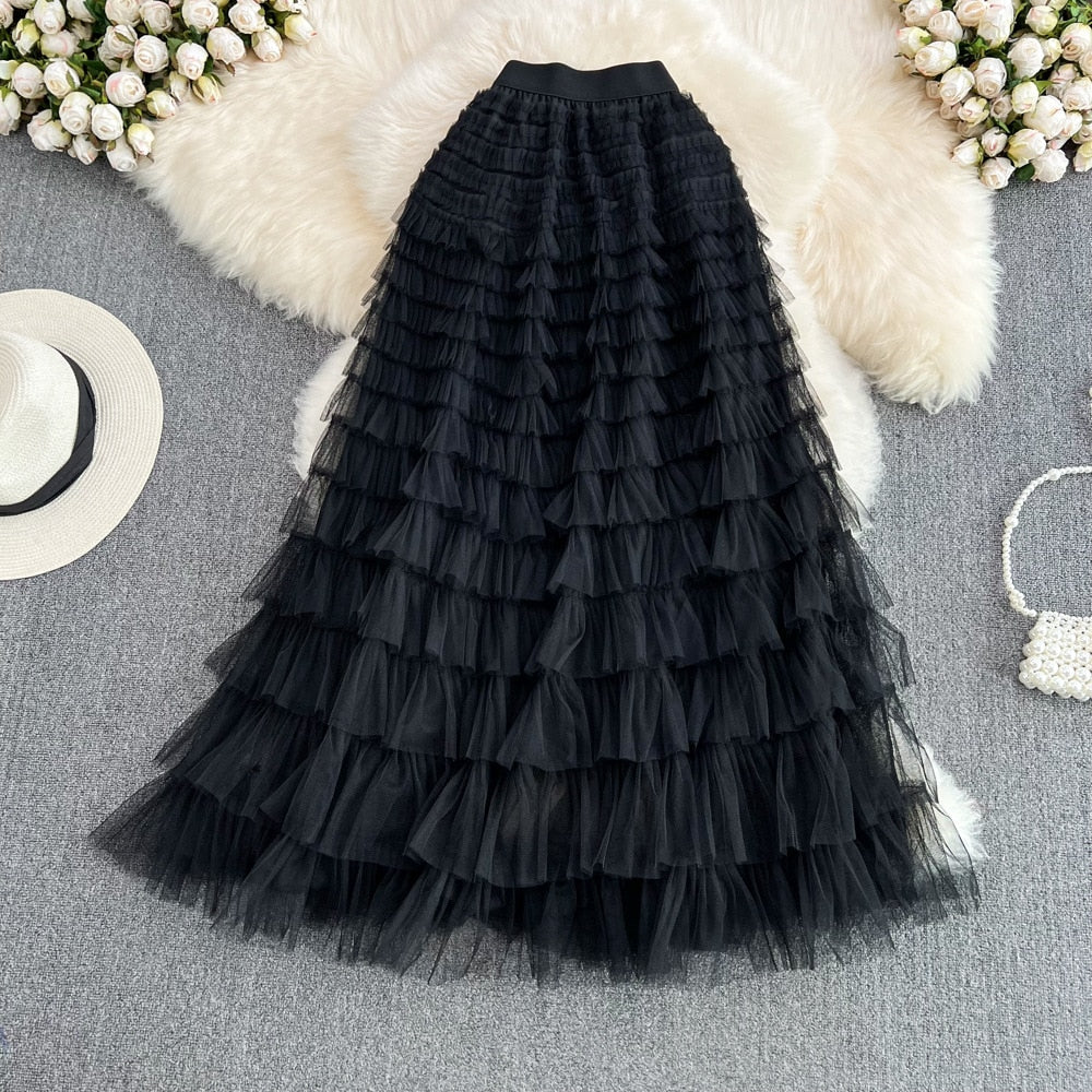 Super Long 97cm Maxi Tulle Skirts for Women 2024 New Chic Patchwork Cake Skirt Multilayer Large Swing A-Line Skirts Mujer Faldas Black One Size