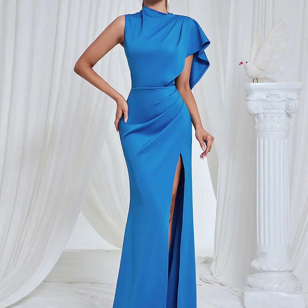 2025 Elegant Women Maxi Dress O-neck Single Shoulder Sleeveless Bodycon Draped Split Body Long Dress Evening Club Party Vestidos