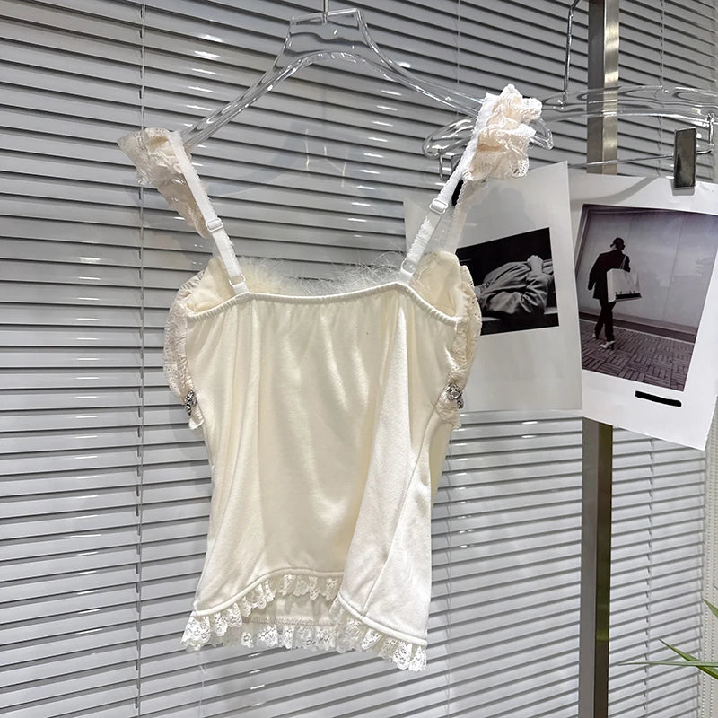 Winter New Sweet Temperament Rhinestone Edge Furry Shoulder Strap Camisole Top For Women Slim Fit Vest Female 11A07898