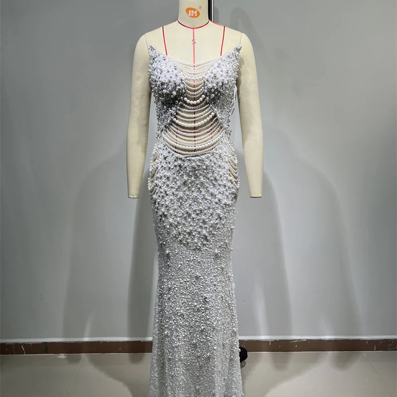 Luxury Pearl String Sexy See Through White Sequins Long Dress Elegant Woman Wedding Party Dress Red Carpet Goddess Vestido