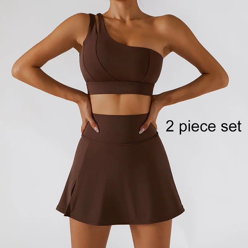 Yoga Skirt Set Women Workout Sport Gym Wear Suit High Wais Fitness Crop Top Female Tennis Sportswear One Shoulder Bra Coffee-set