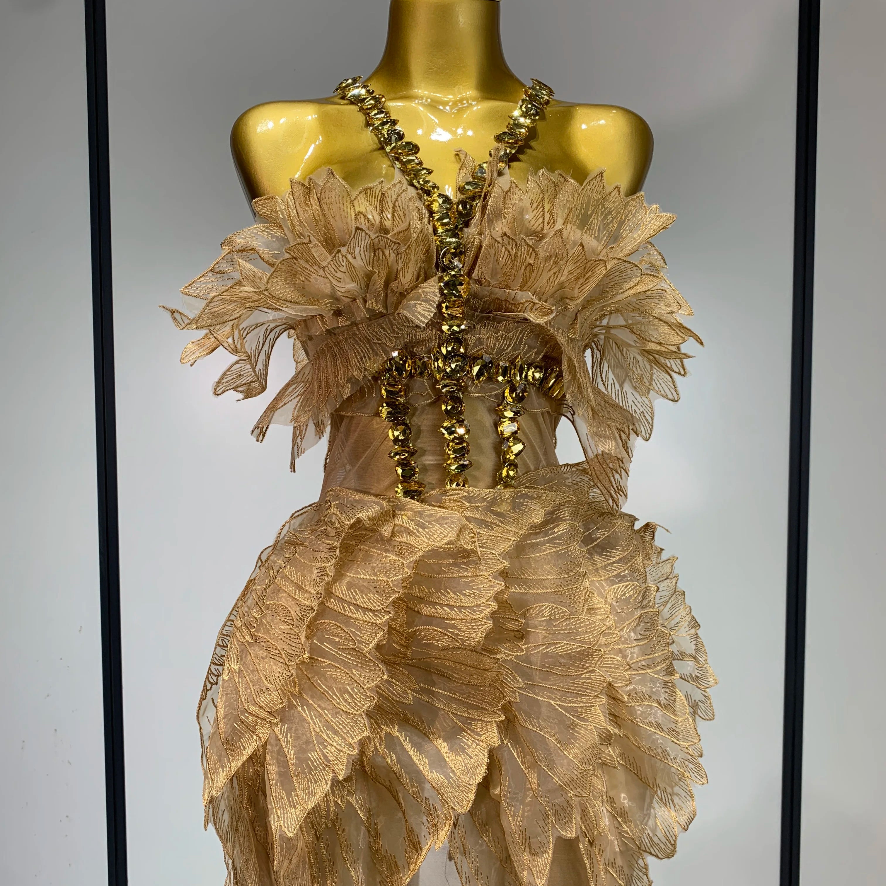 Luxury Birthday Dress Women Sexy White Crystal Transparent Wings Mini Dress Nightclub Evening Party Singer Stage Perform Costume Gold