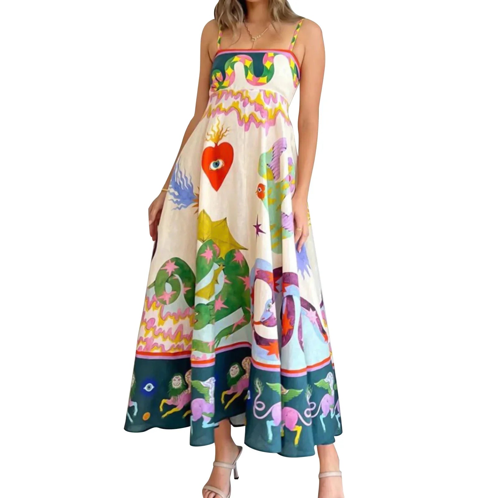 Fashionable Long Suspender Dress With Colorful Printed Comfy Soft Versatile Leisure Dress Birthday Gift As Shown