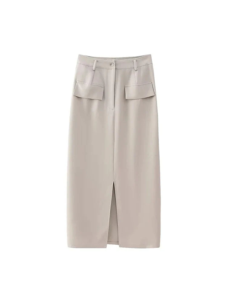 Feamle Casual High Waist Solid Summer Slit Long Skirt Femme Womens Spring Fashion Two Pockets Straight Slim Skirts as photo 1