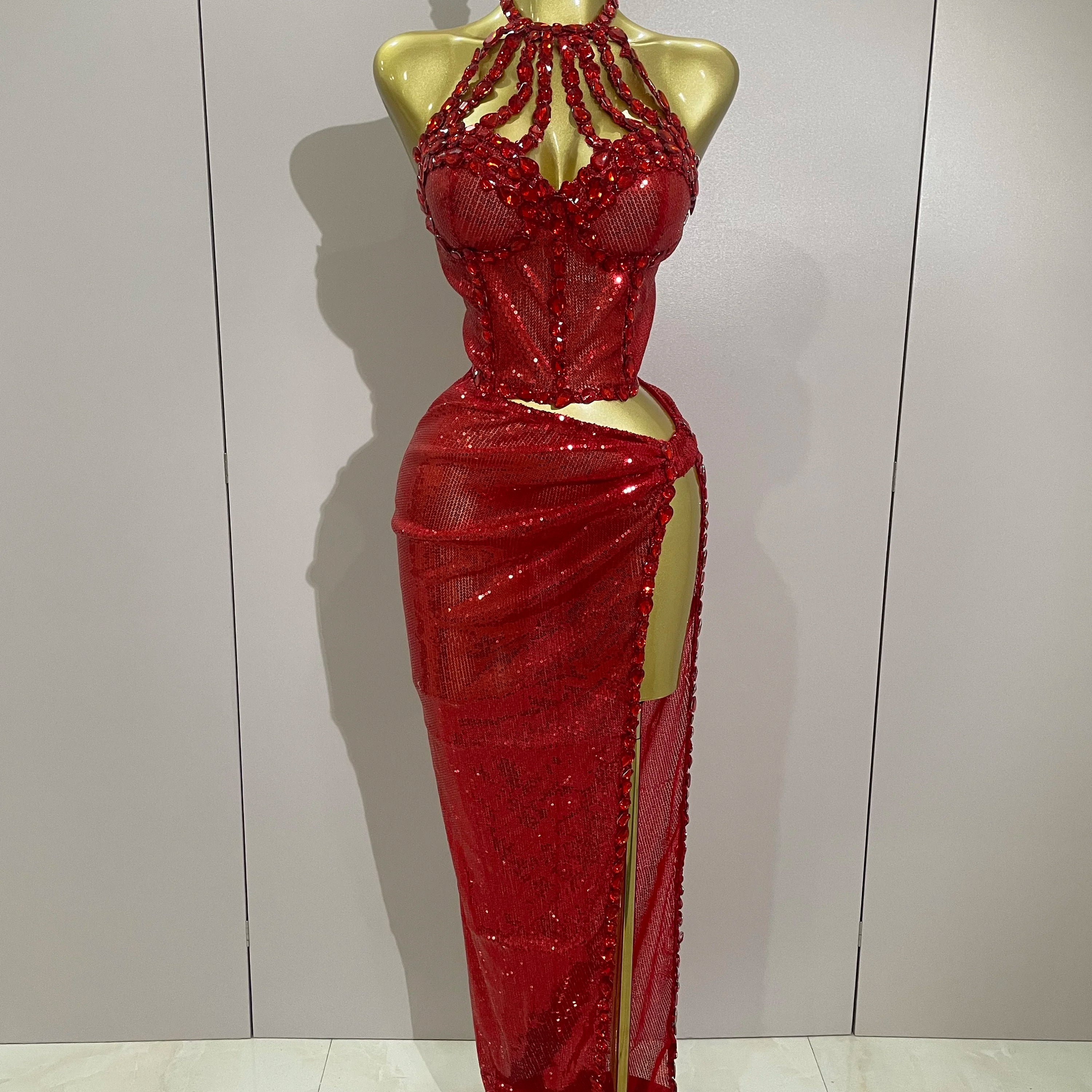 Sexy Luxury Shiny Diamond Sequins Cocktail Dress 2Pcs Set 2025New Women Evening Celebrate Birthday Party Nightclub Stage costume Red