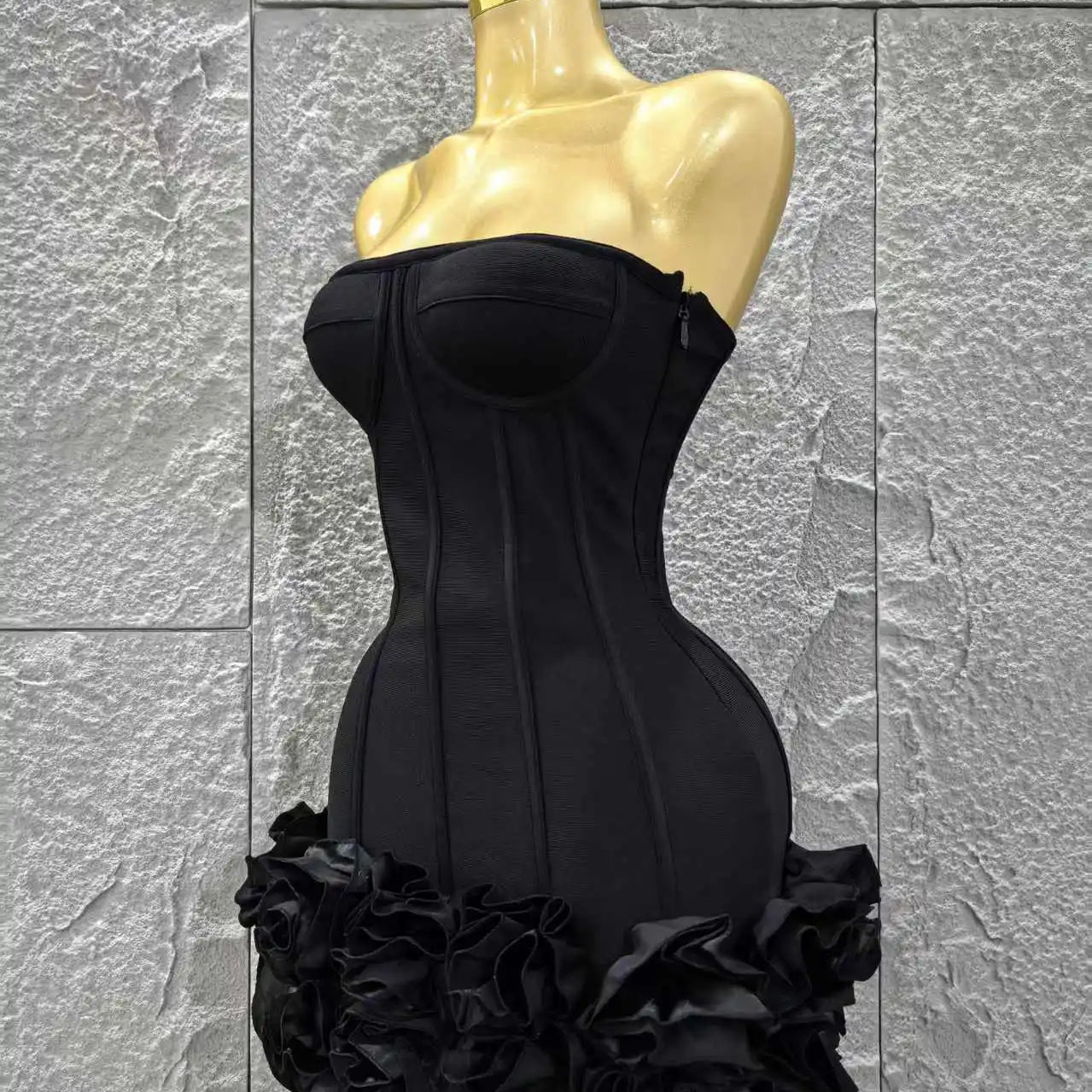 Black Color Women Sexy Strapless Florals Bodycon Mini Ball Gown Bandage Dress Celebrate Nightclub Party Bar Birthday Outfit