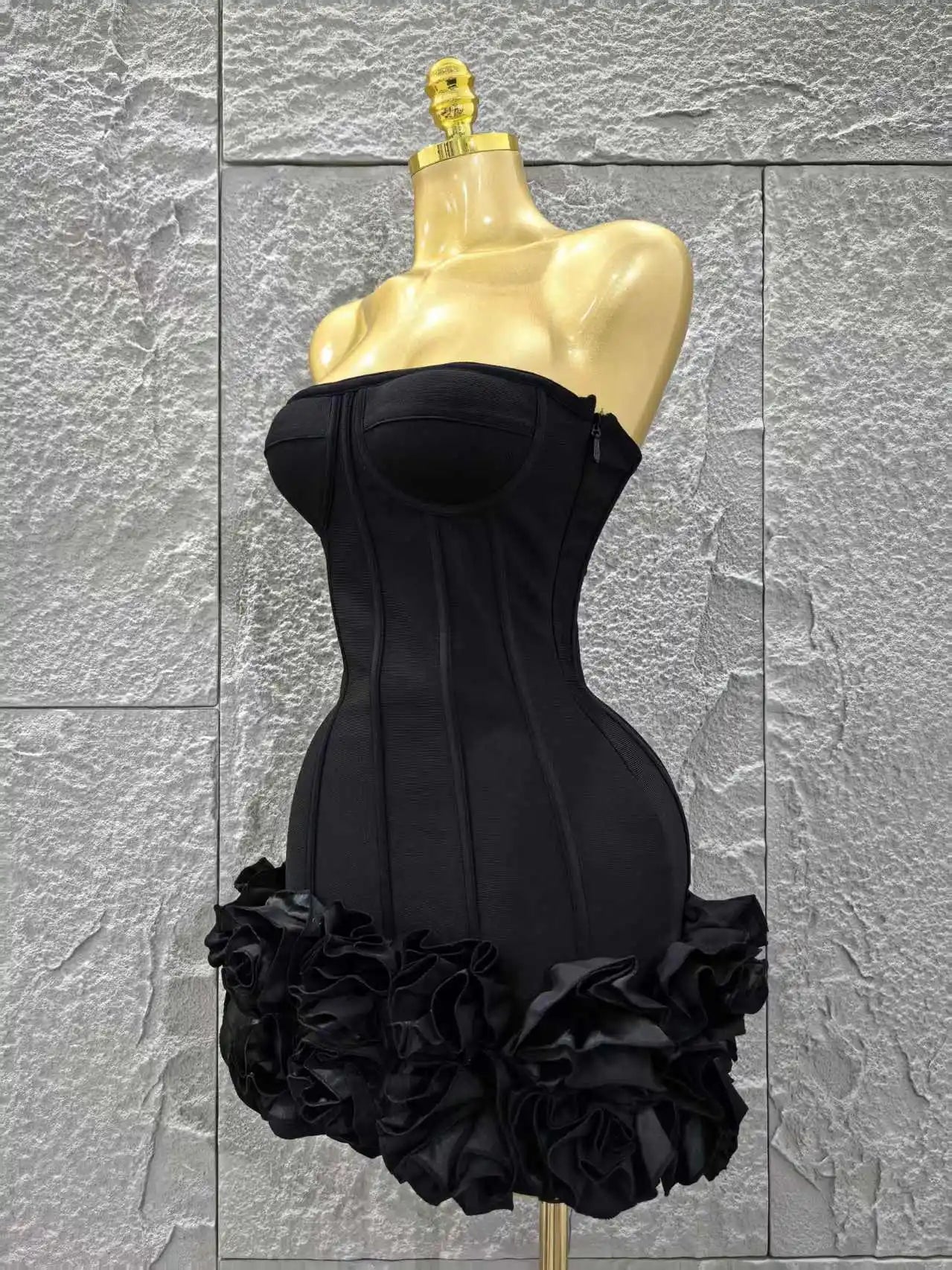 Black Color Women Sexy Strapless Florals Bodycon Mini Ball Gown Bandage Dress Celebrate Nightclub Party Bar Birthday Outfit