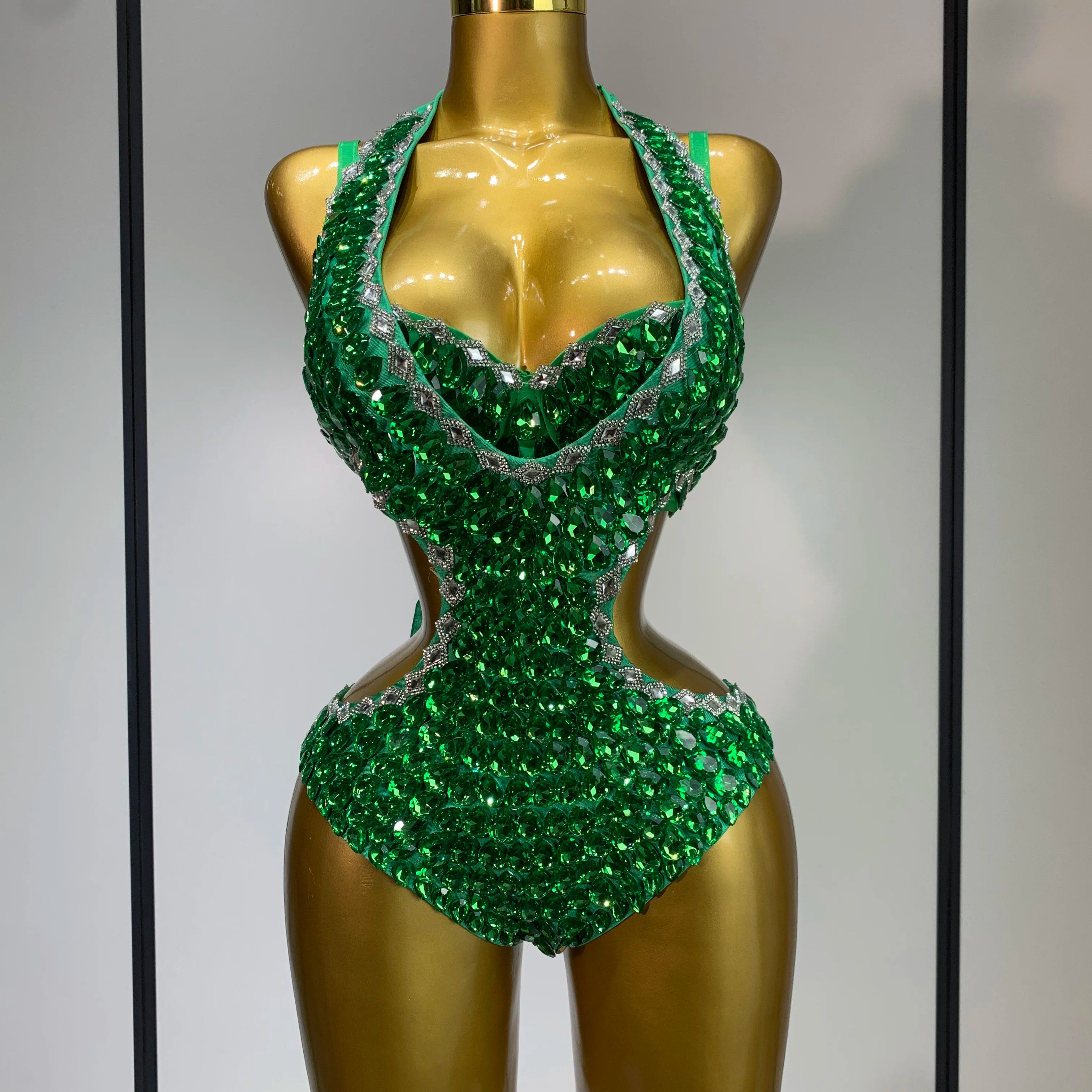 Women Luxury Rhinestone Bra Bodysuits Two Piece Set Female Singer DJ DS Dance Stage Performance Photo Shoot Club Party Outfit green