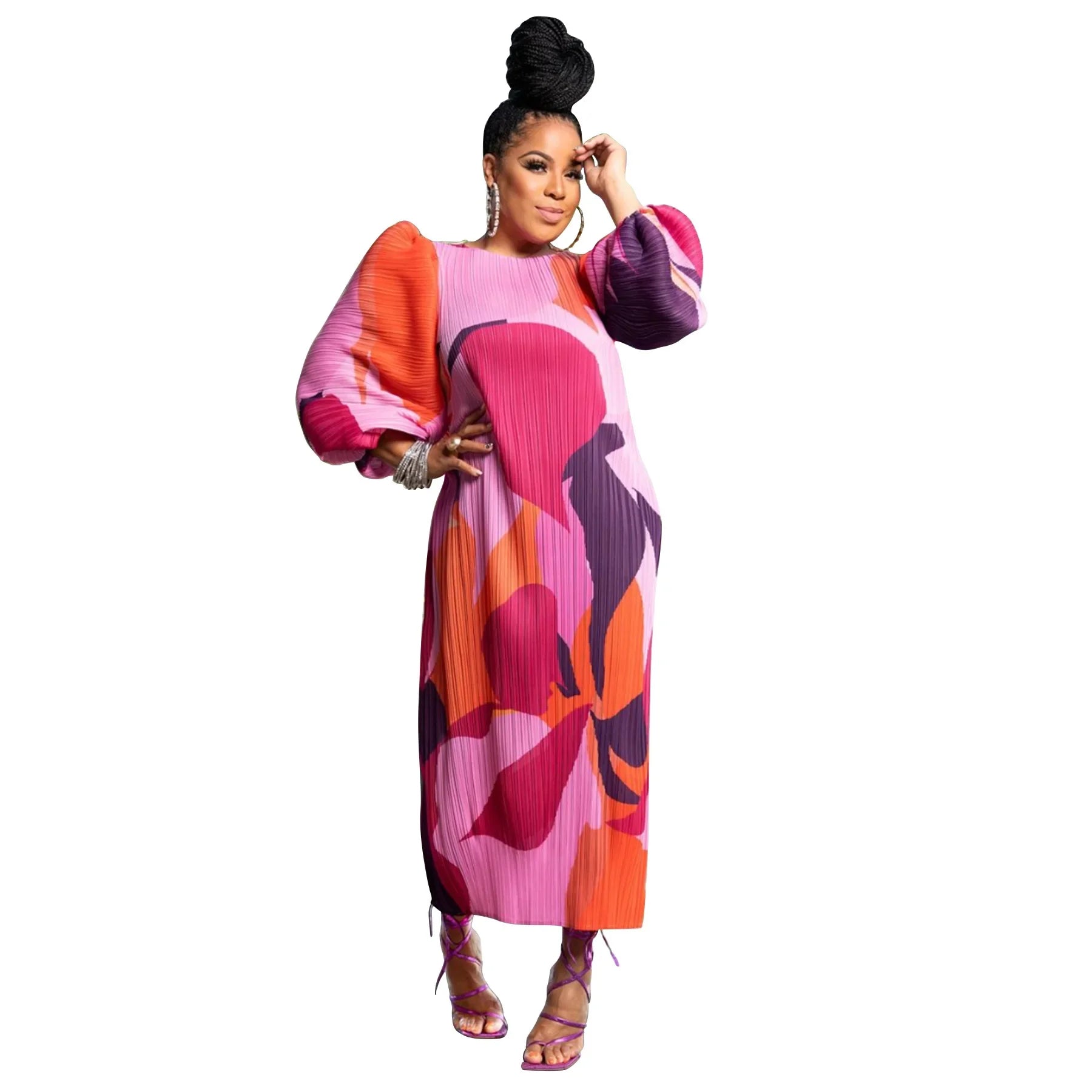 Elegant Women Pleated Half Lantern Sleeve O-neck Slim Maxi Long Dress Print Fashion Autumn 2024 Ruched Dresses Vestidos Pink One Size