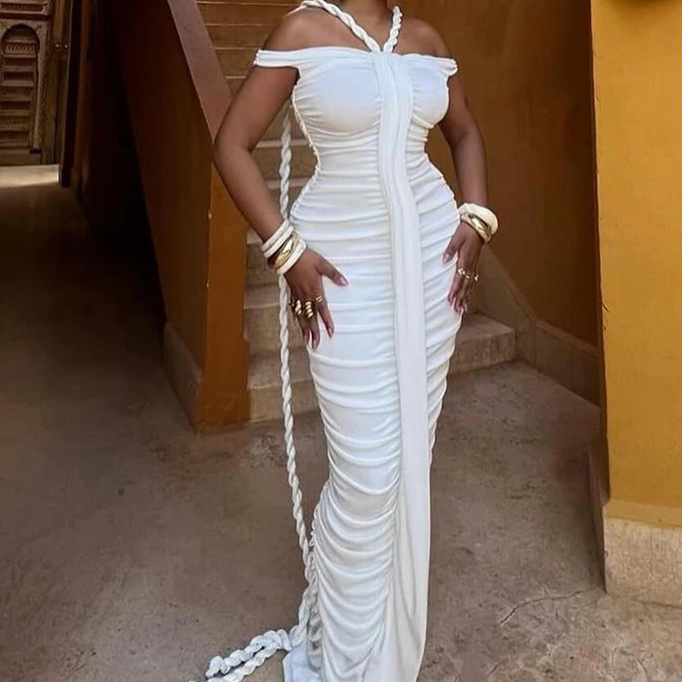 Braid Ribbon Ruched Bodycon Maxi Dress Women Off Shoulder Short Sleeves Slim Solid Evening Party Long Robe Gowns