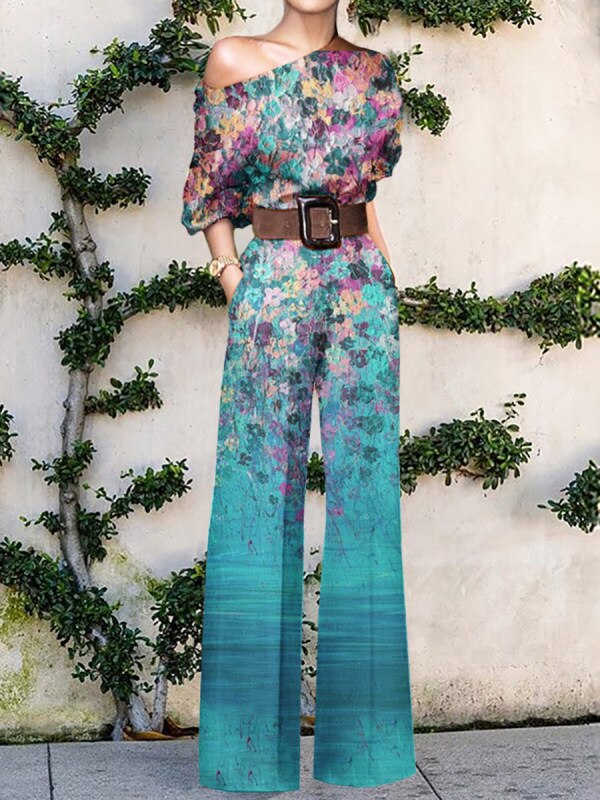 Print Jumpsuit Women Autumn and Spring 2024 New Fashion Long Sleeve Lapel Loose Casual Elegance Green Jumpsuits Mixed Color