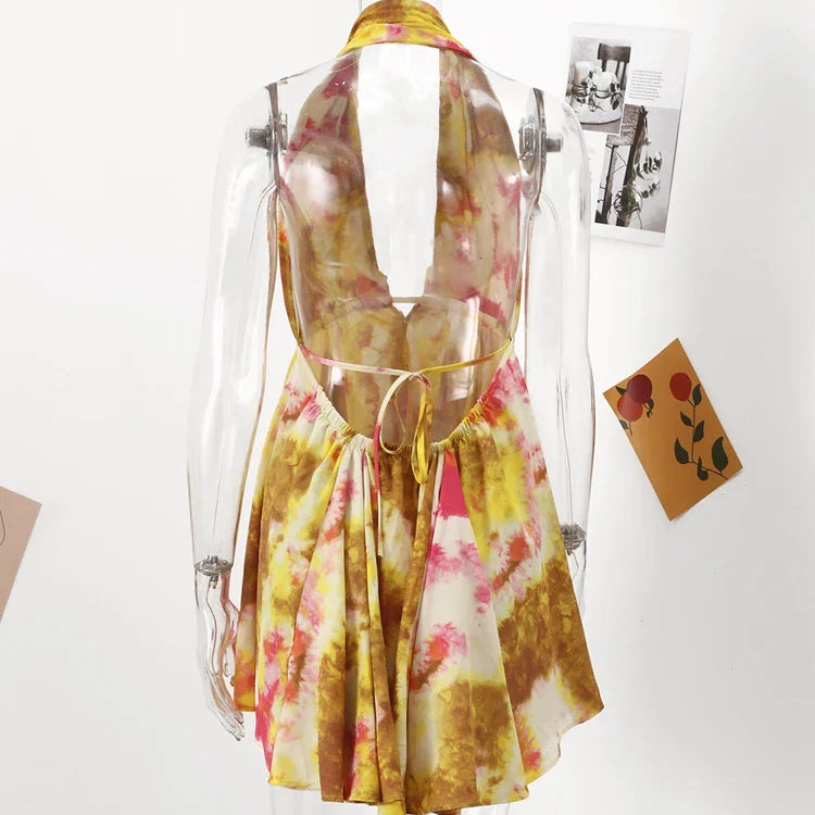 Floral Printed Beach Dress Women Mini Sexy Deep V-neck Backless Halter Female Dresses Summer Vacation Sleeveless Short Robe