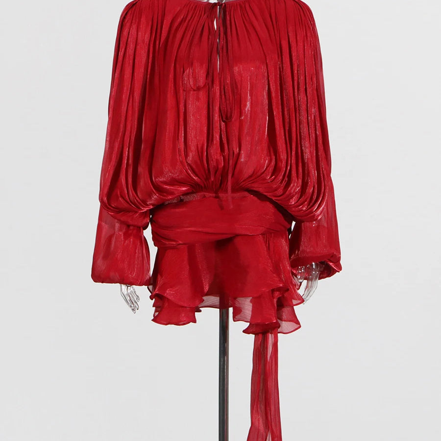 Solid Loose Spliced Folds Elegant Dresses for Women Round Neck Long Sleeves Patchwork Lace Up Tunic Dress Female RED