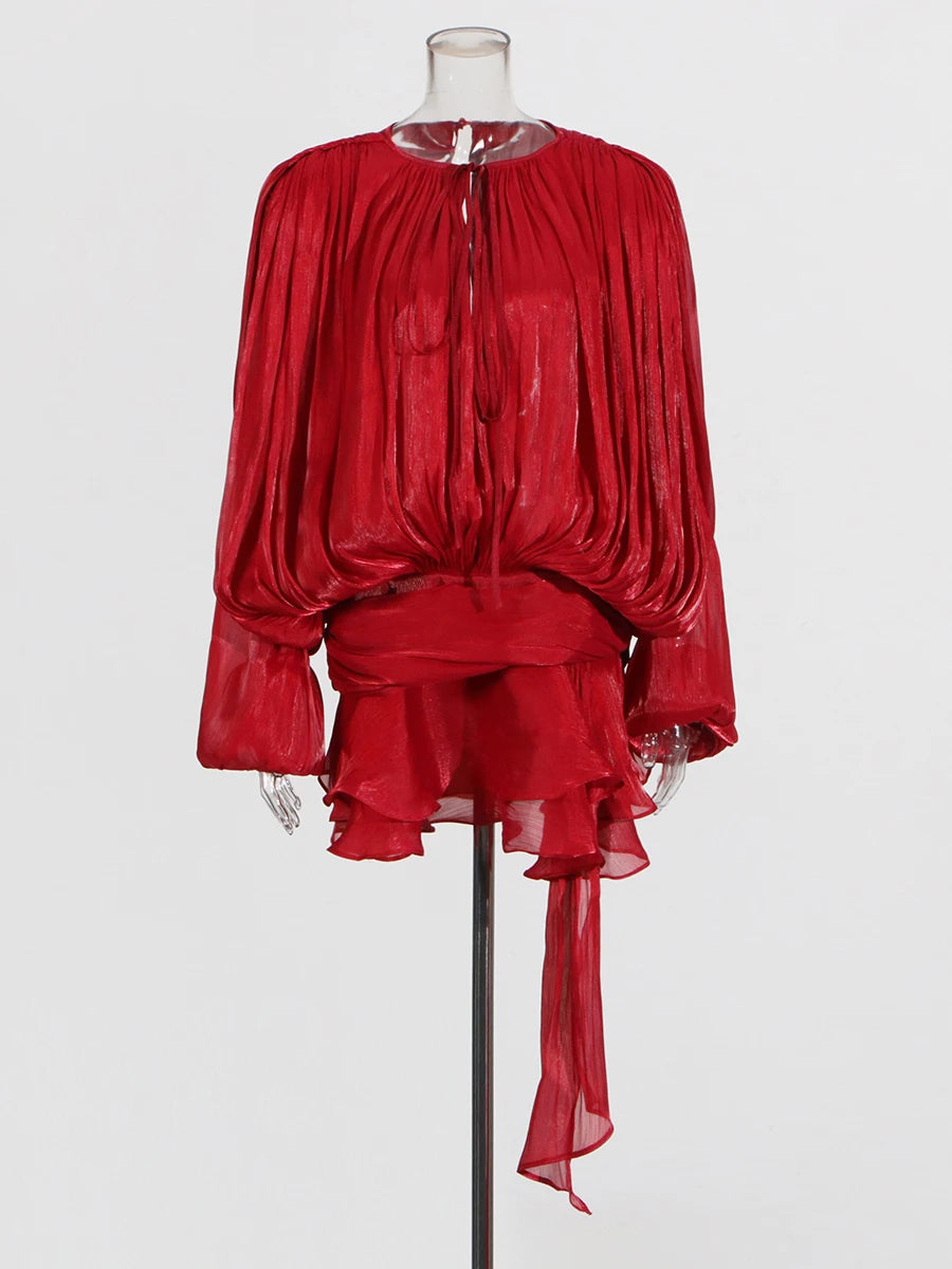 Solid Loose Spliced Folds Elegant Dresses for Women Round Neck Long Sleeves Patchwork Lace Up Tunic Dress Female RED