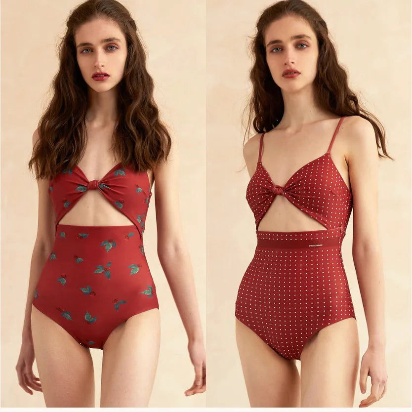New Vintage Printed Double-sided Wear Swimming Bathing Suit Women Bandage Sexy One Piece Swimsuit Beachwear Swimwear Woman 3-Red