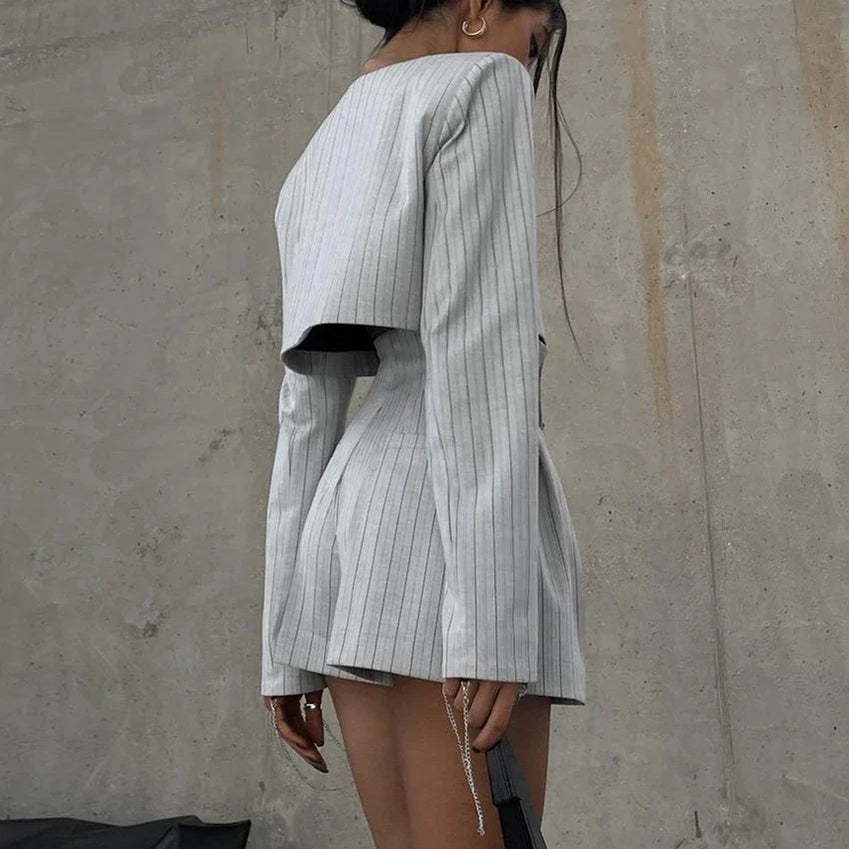 Clacive Fashion Stripe Print 2 Piece Sets Women Elegant Slim Long Sleeve Irregular Top With High Waist Shorts Set Streetwear