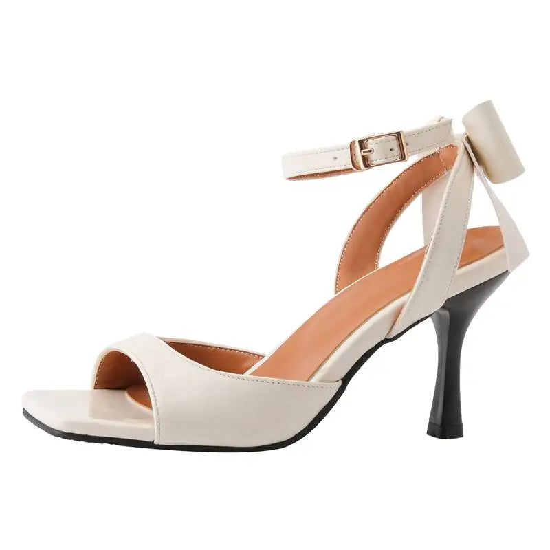 SIMLOVEYO Brand Women Sandals Toe Thin Heel 8.5cm Buckle Strap Bowknot 45 46 47 48 Dating Female Shoes Beige