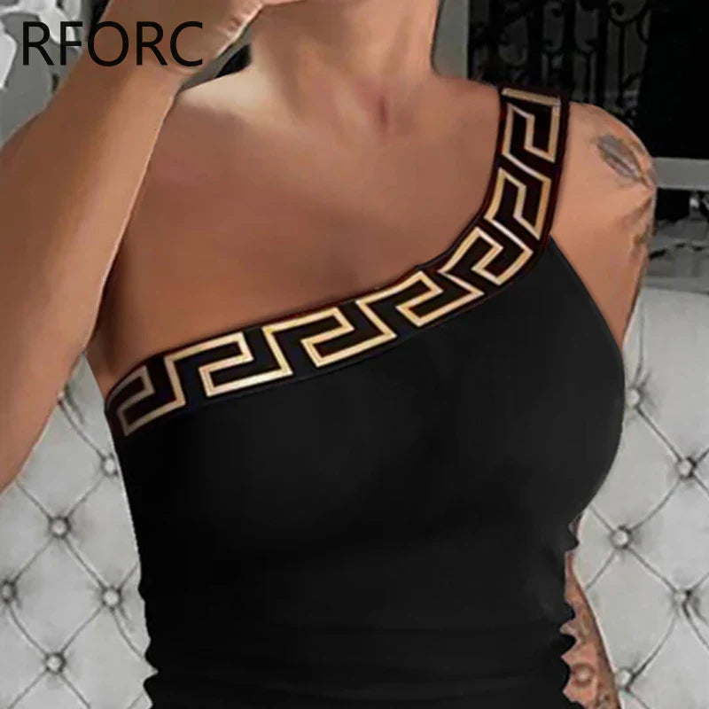 Women One Shoulder Geometric Pattern Sleeveless Sexy Skinny Camis Crop Tops