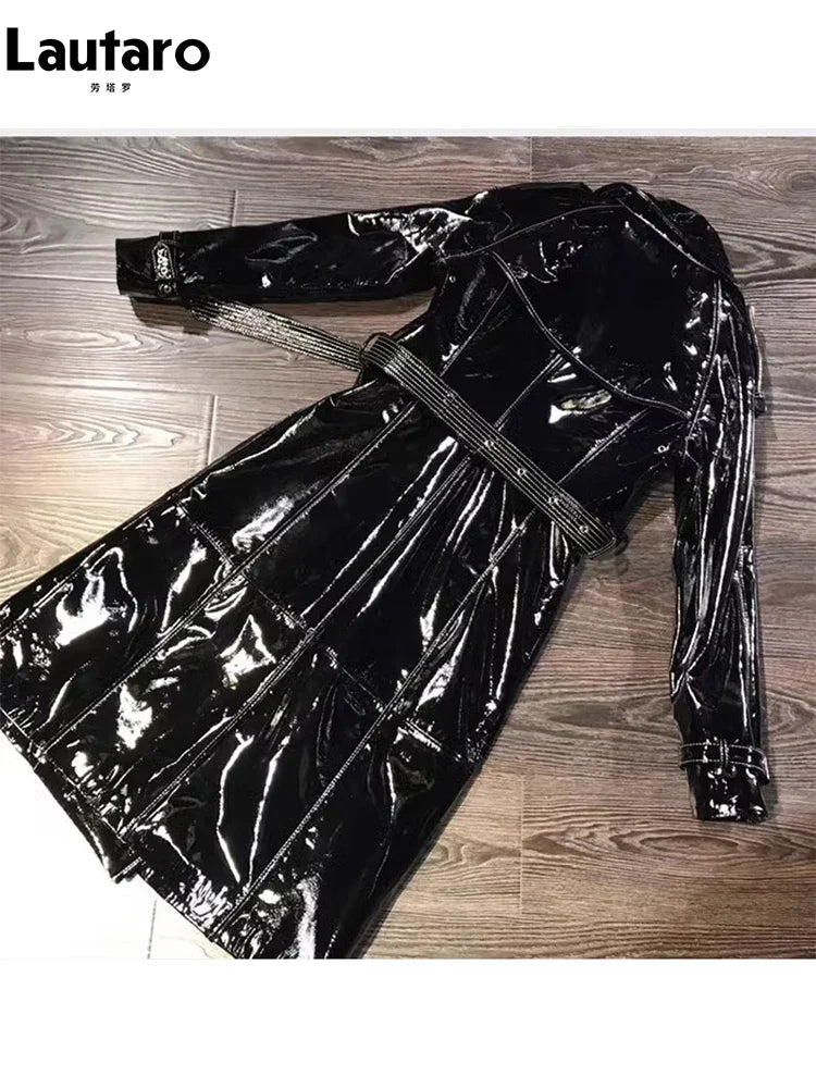 Autumn Long Shiny Reflective Patent Faux Leather Trench Coat for Women Sashes Double Breasted Runway European Fashion
