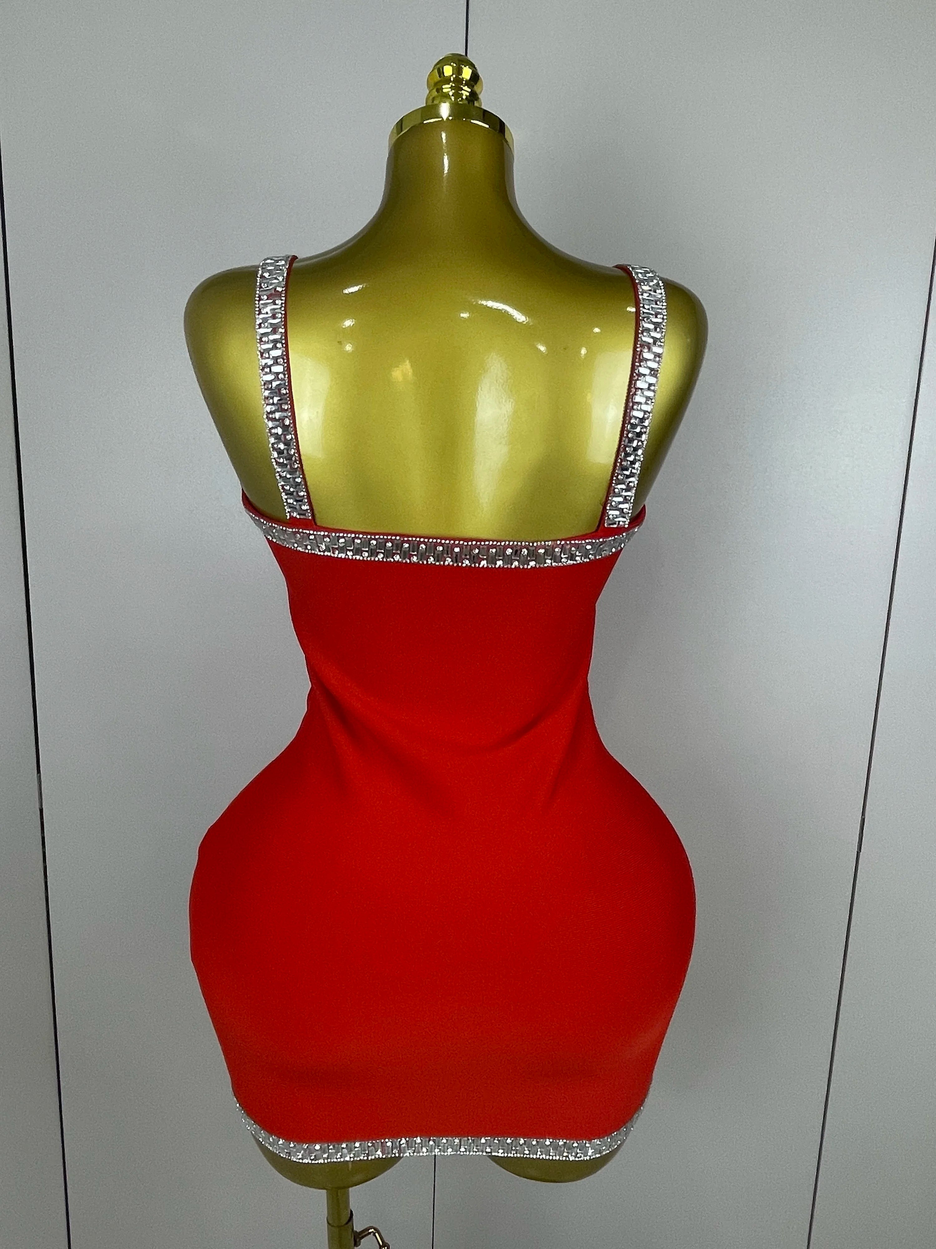 2025 Women Celebrity Luxury Sexy Summer Square Collar Red Crystal Mini Bandage Dress Knitted Elegant Evening Club Party Outfit