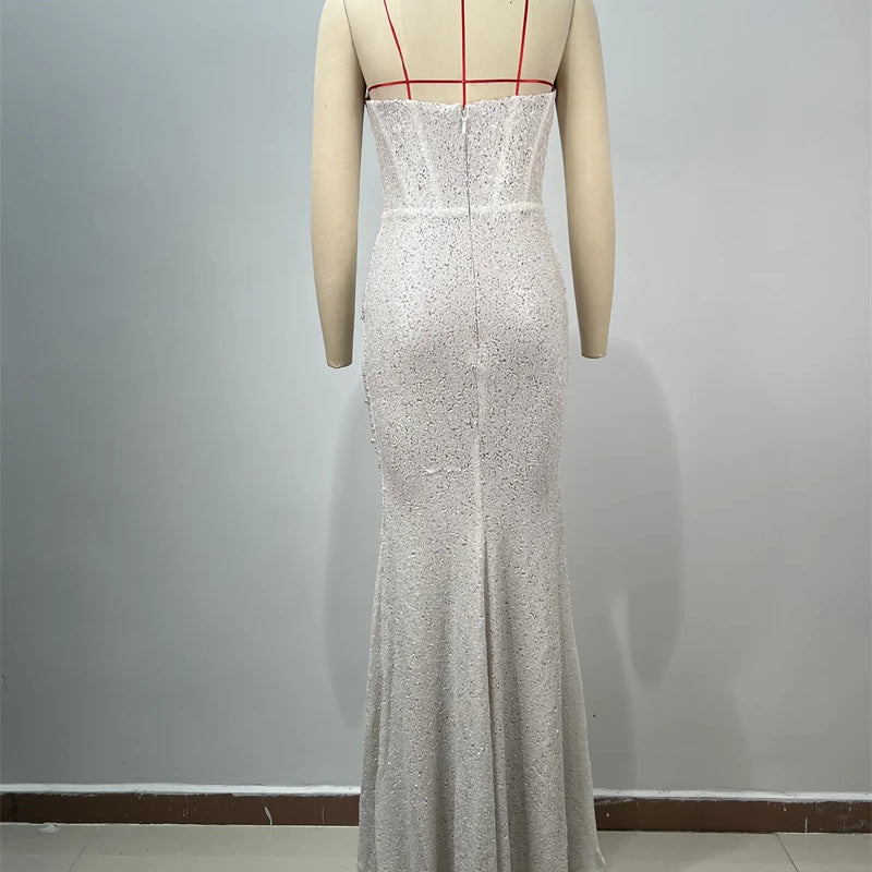 2025 New Pink Sequins Sexy High Slit Strapless Long Dress Graceful Woman Wedding Party Dress Red Carpet Goddess Vestido