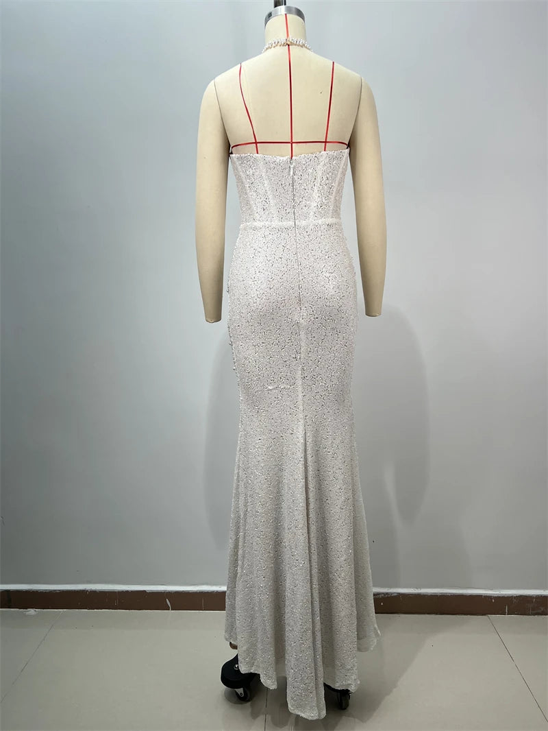 2025 New Pink Sequins Sexy High Slit Strapless Long Dress Graceful Woman Wedding Party Dress Red Carpet Goddess Vestido