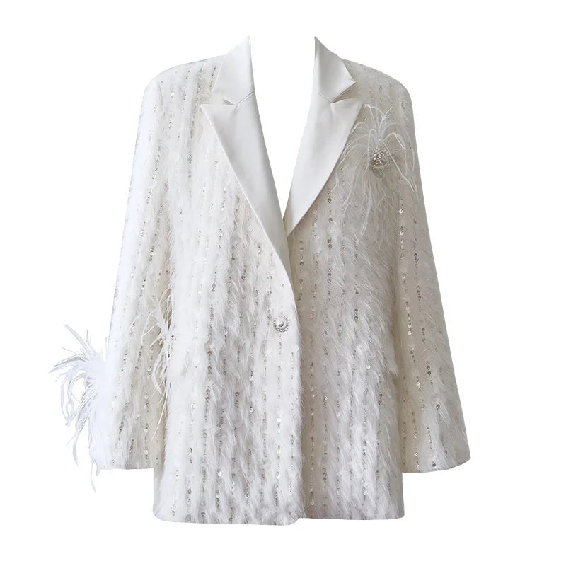 Fashion Women Dress Heavy Industry Feather Sequins White Women's Suit Coat Winter Evening Party Dresses Female Stage Costumes white coat