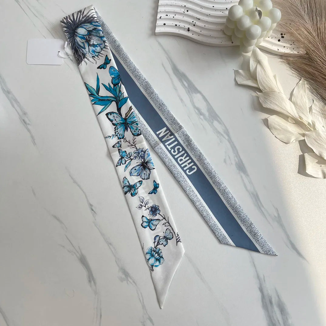 Brand CD Butterfly Around the World Women's Ribbon Scarf Twill Silk Mulberry Silk Long Small Silk Scarf Neckerchief Bags Tie BHD blue