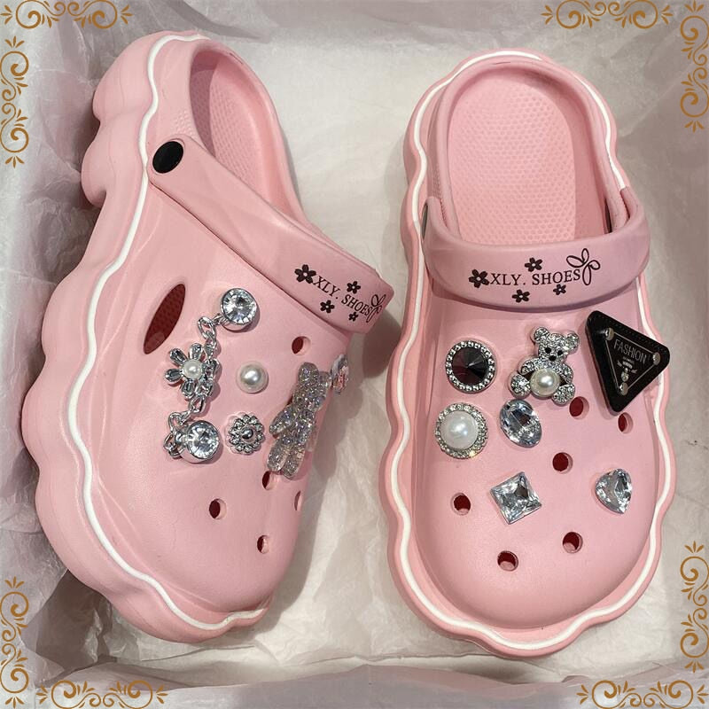 Woman Beach Slipper Cute Cartoon Diamond Deco for Hole Shoes Antislip Thicken Shoes for Women 2024 Flat Garden DIY Hole Slippers Pink