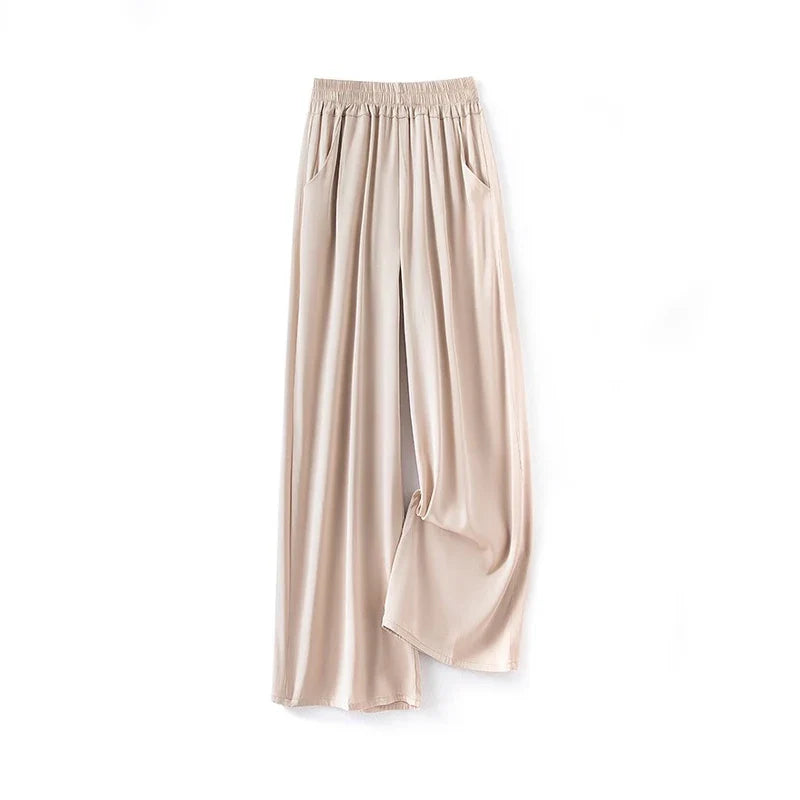 Women's Fashion Spring/Summer New Commuter 96%Natural Mulberry Silk Elastic Double Qiao Beige Wide Leg Casual Pants Beige onesize length 98cm