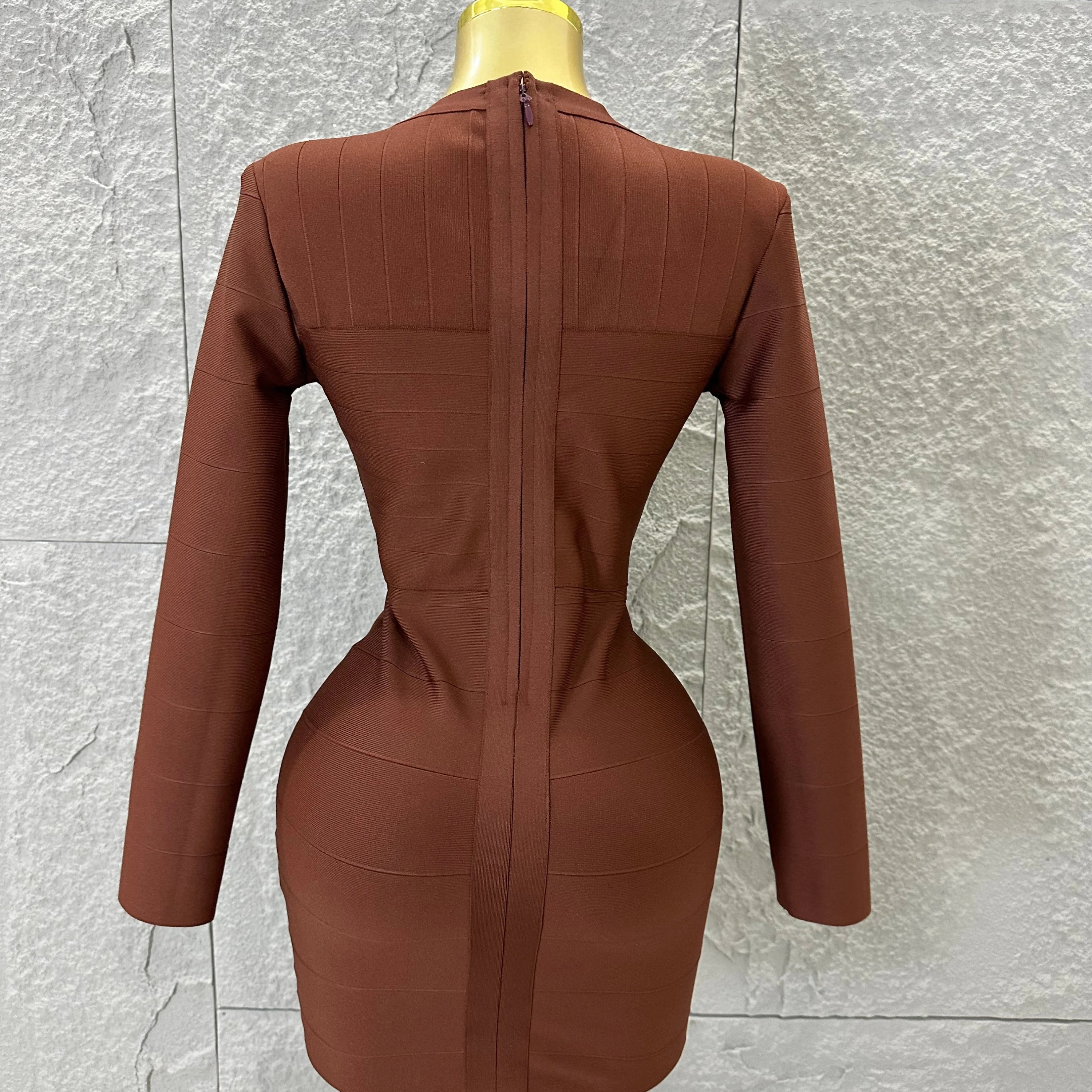 Women Elegant Brown Long Sleeve Mini Dress Women Sexy Deep V Neck Bandage Nightclub Evening Party Cocktail Party Dress
