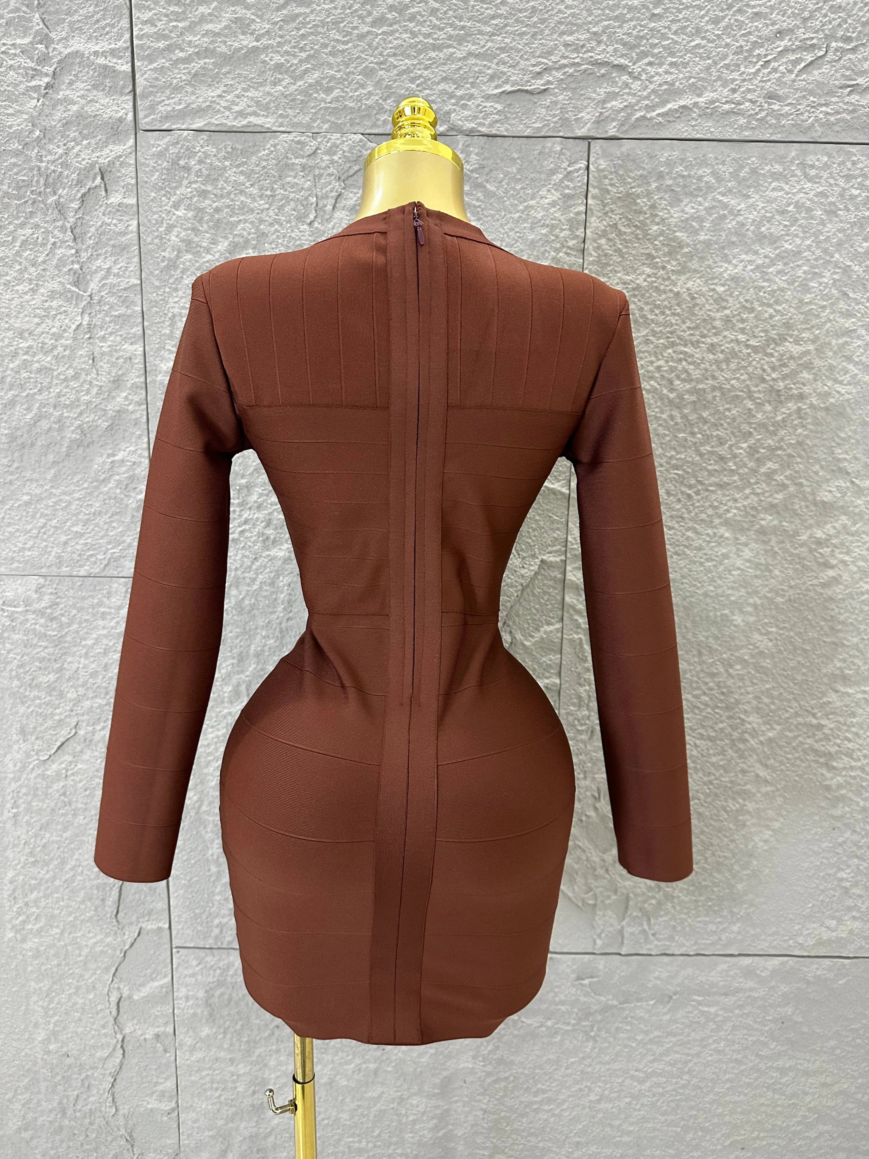 Women Elegant Brown Long Sleeve Mini Dress Women Sexy Deep V Neck Bandage Nightclub Evening Party Cocktail Party Dress