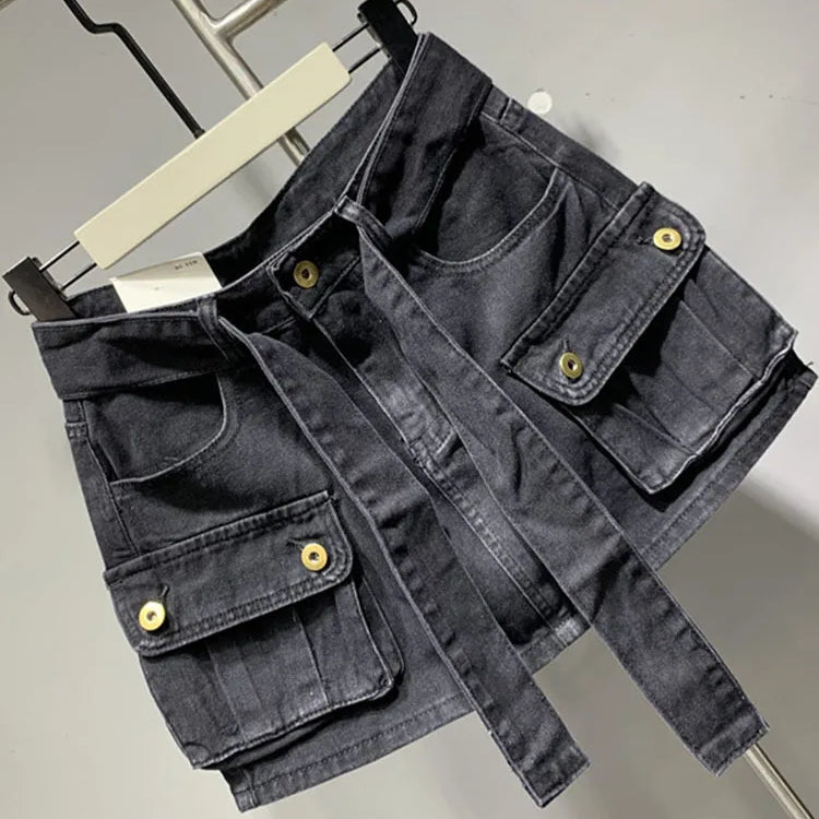 DEAT Fashion Belt Bandage Denim Mini Skirt Women Patchwork Pocket Cargo Wrap Hip Skirts Female Trend Spring New 11XX01119