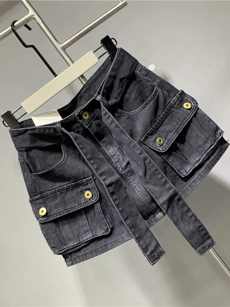 DEAT Fashion Belt Bandage Denim Mini Skirt Women Patchwork Pocket Cargo Wrap Hip Skirts Female Trend Spring New 11XX01119