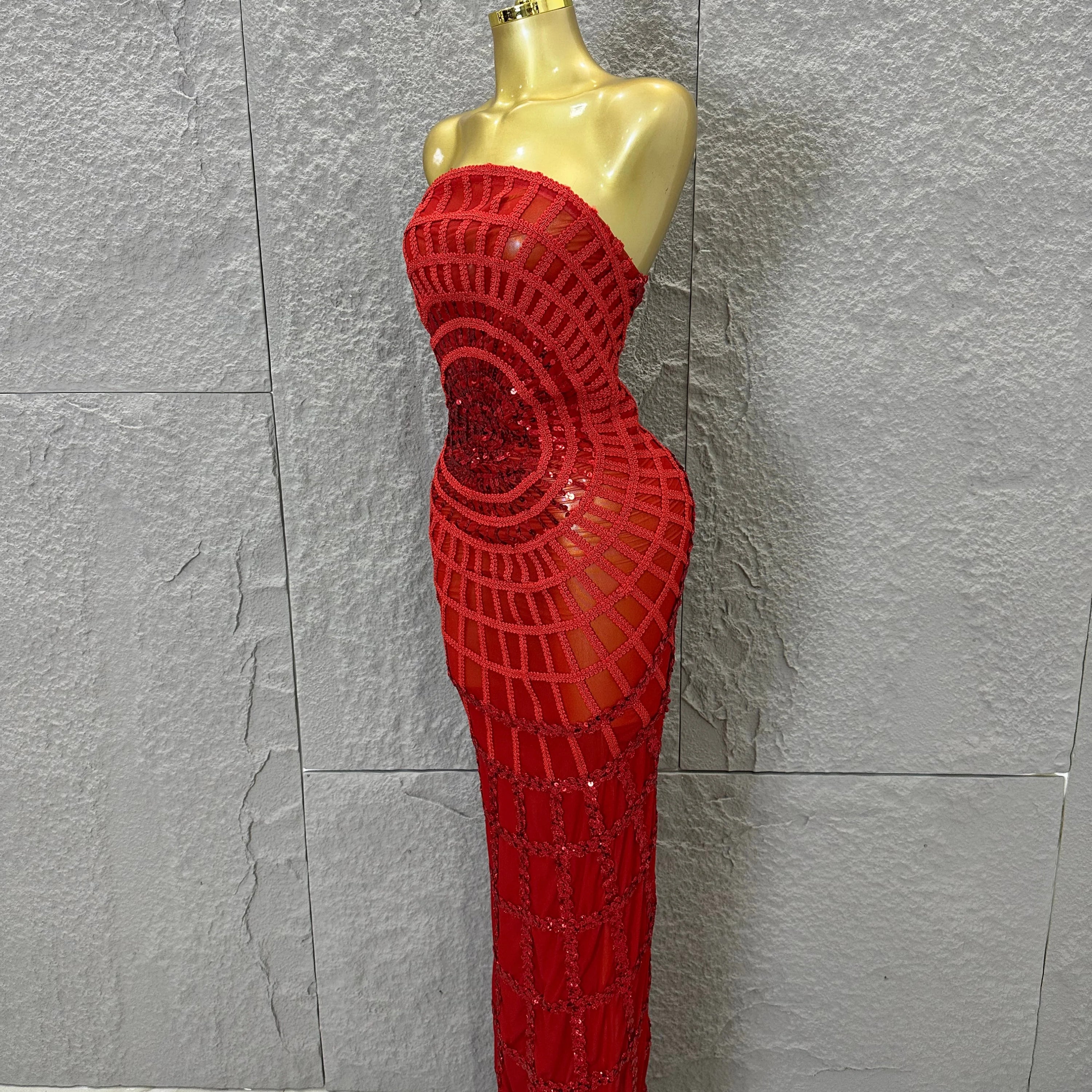 Elegant Sequined Sheer Mesh Maxi Dress Women Sexy Strapless 3D Grid Embellished Bodycon Mermaid Outfit Stage Performance Costume