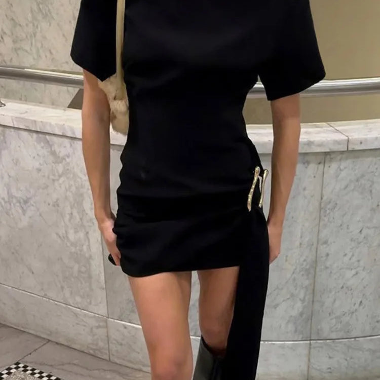 Short Sleeve Draped Sexy Mini Dress For Women Black Metal Buckle O Neck High Waist Bodycon Club Dress Vestido Clothes