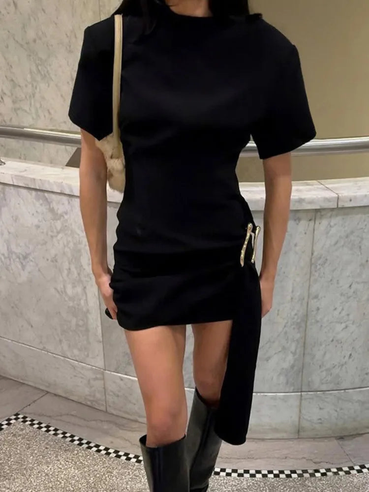 Short Sleeve Draped Sexy Mini Dress For Women Black Metal Buckle O Neck High Waist Bodycon Club Dress Vestido Clothes