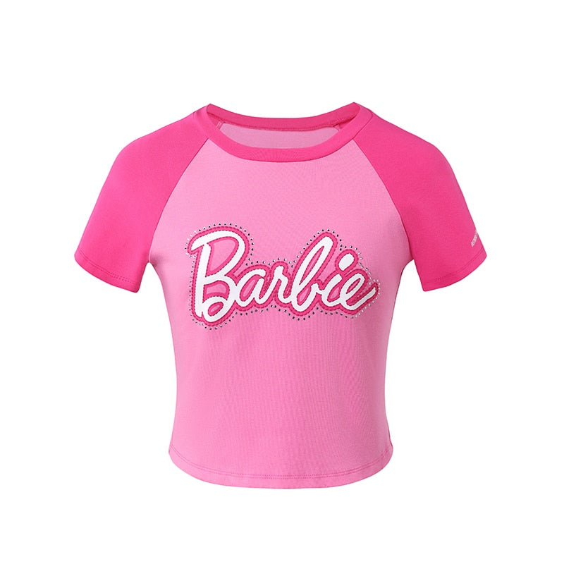 Underpass X Barbie Print Hot Drill Navel Slim Fit Contrast Short-Sleeved T-Shirt Y2K Girls Skinny Short Sleeves Fashion Soft Top pink
