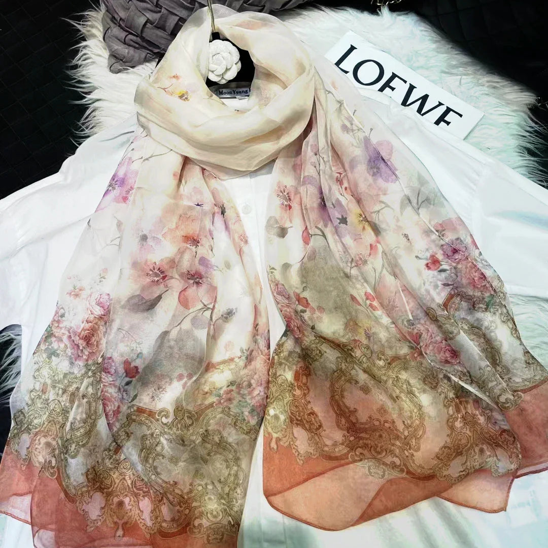 [BYSIFA] White 100% Silk Scarf Cape Fashion Floral Design Long Scarves Women Summer Utralong Beach Shawl Winter Scarves180*110cm beige pink floral