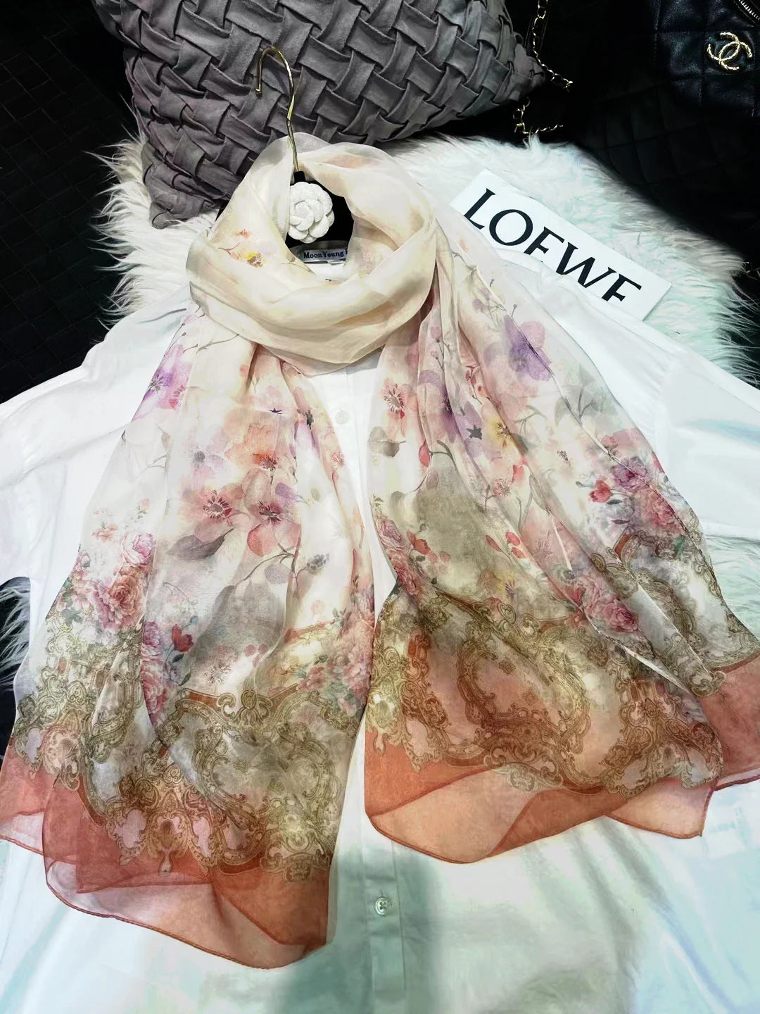 [BYSIFA] White 100% Silk Scarf Cape Fashion Floral Design Long Scarves Women Summer Utralong Beach Shawl Winter Scarves180*110cm beige pink floral