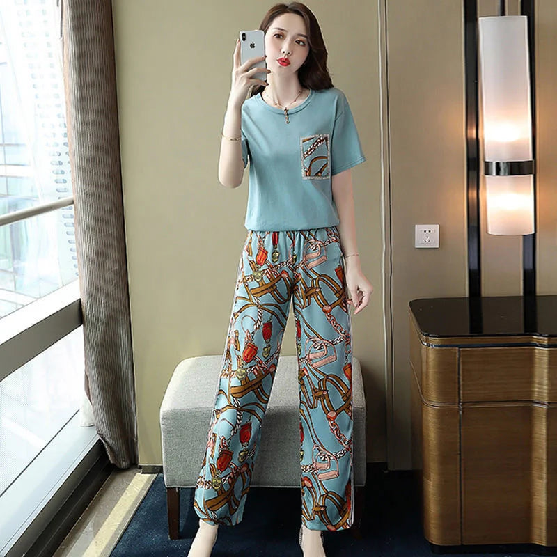 Women Casual Plus Size Clothing Suit 2025 Summer New Fashion Large Korean Short Sleeve Top Wide Leg Pants 2 Two Piece Set Female Style D