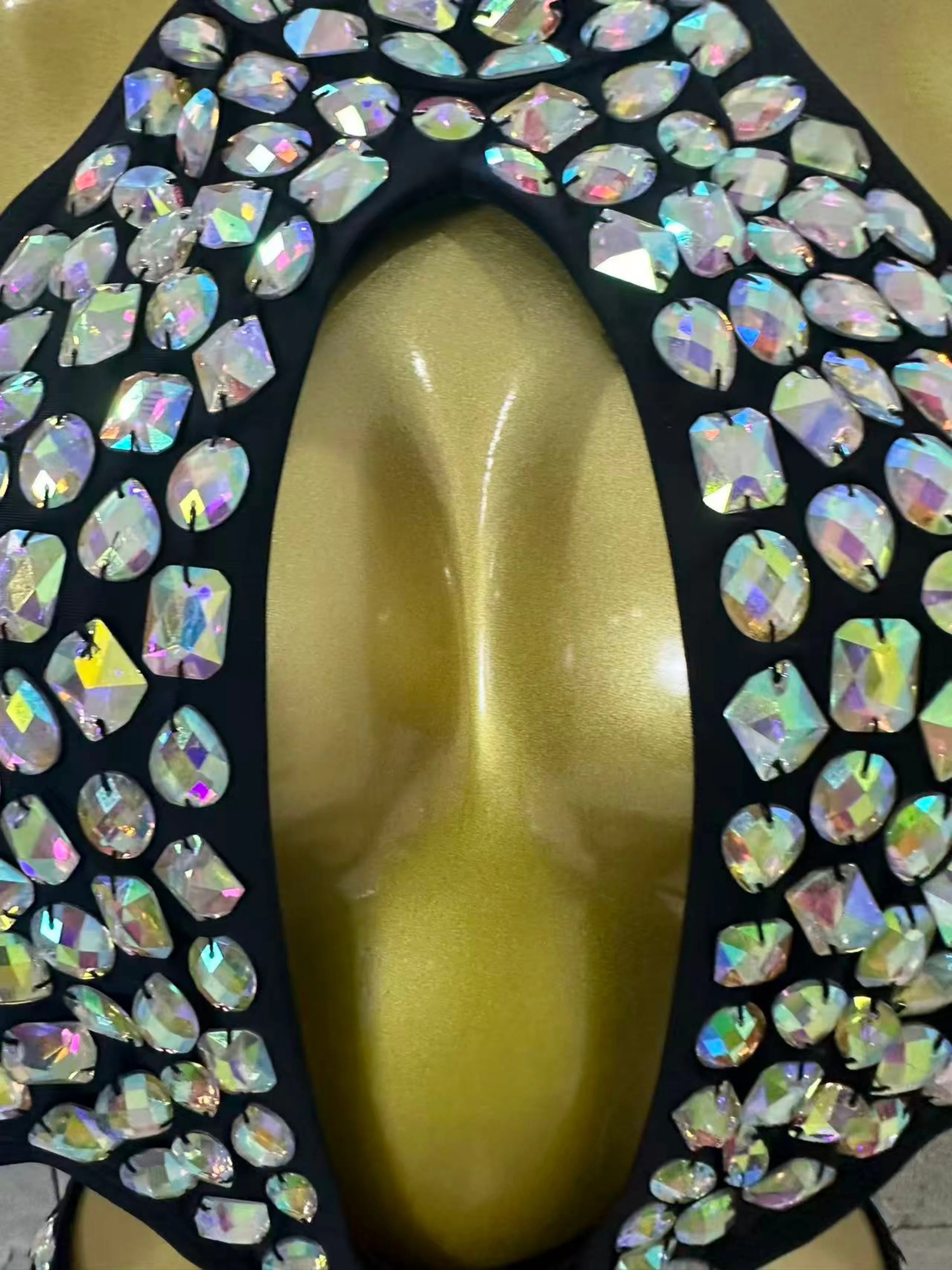 2026 Luxurious Black Bodysuit Women Sexy Halter Neck Iridescent Crystal Embellished Cutout Outfit Stage Performance Costume